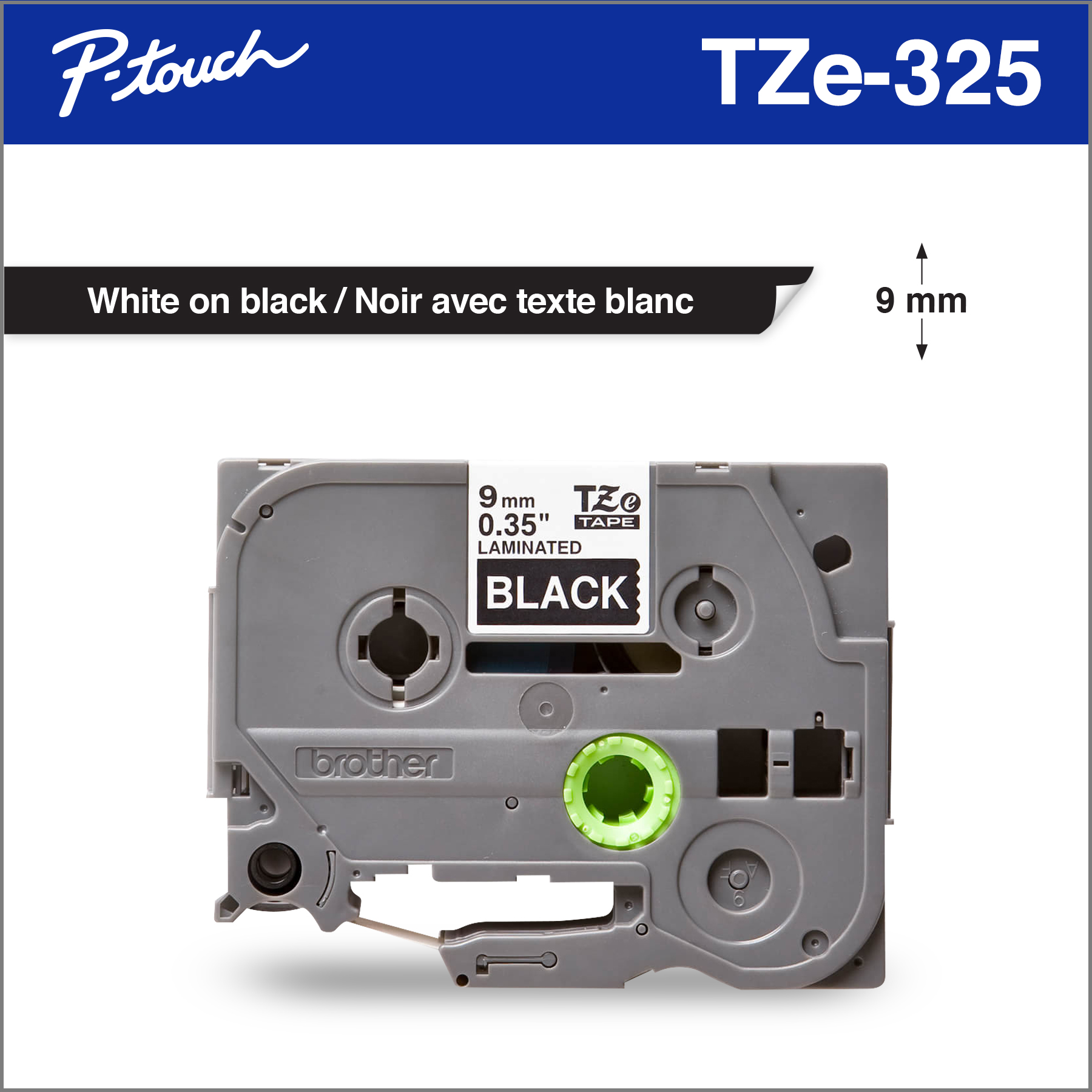 Brother TZE-325 9mm White on Black Tape