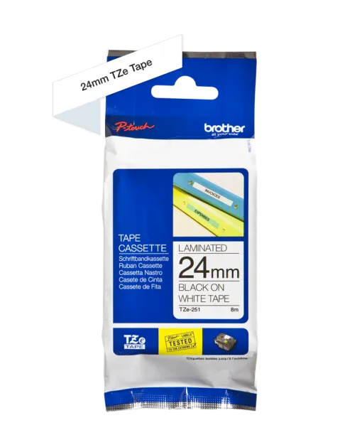Brother TZe-251 24mm x 8m Black on White Laminated Tape