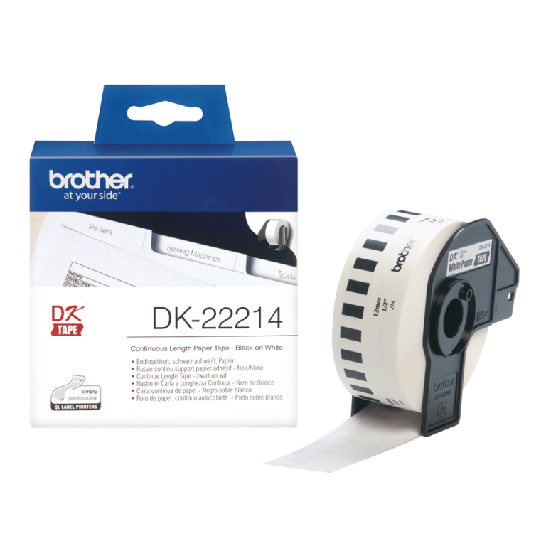 Brother DK-22214 Continuous Paper Label Roll – Black on White, 12mm wide