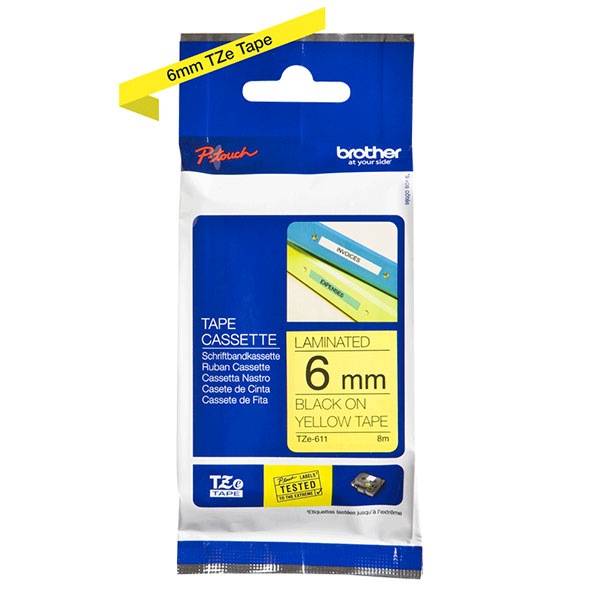 Brother Original TZe-611 Labelling Tape Cassette – Black on Yellow, 6mm wide