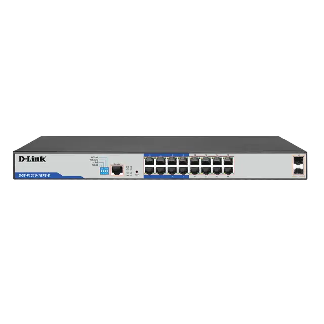 D-Link 16-port Gigabit PoE+ Smart Switch with 16 PoE ports, 2 SFP ports - DGS-F1210-18PS-E