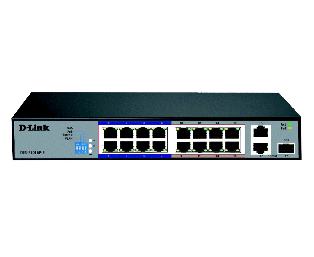 16-Port 10/100 Long Range PoE+ Surveillance Switch DES-F1016P-E